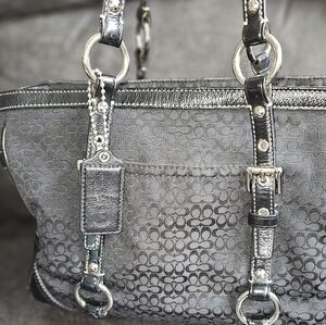 ***SOLD*** Coach Signature Black Jacquard Tote Bag with Leather Trim